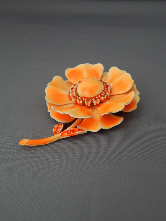 Orange Enamel Flower Pin, Rhinestone Enamel Flowe… - image 3