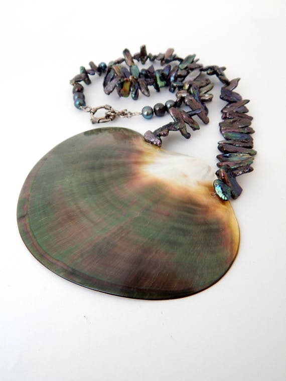 Vintage Huge Abalone Shell Biwa Pearl Necklace, A… - image 3
