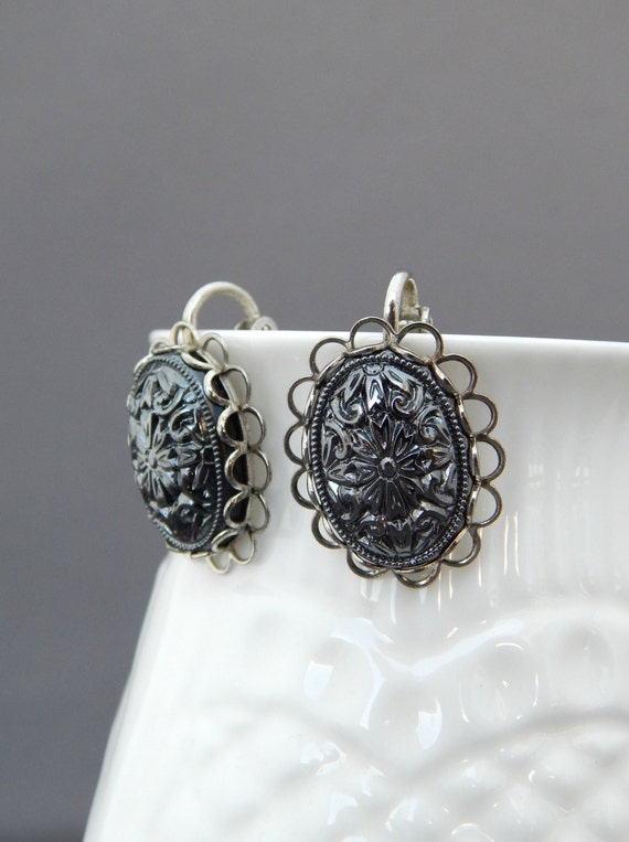 Silver Grey Earrings Clip-Ons, Gray Floral Molded 