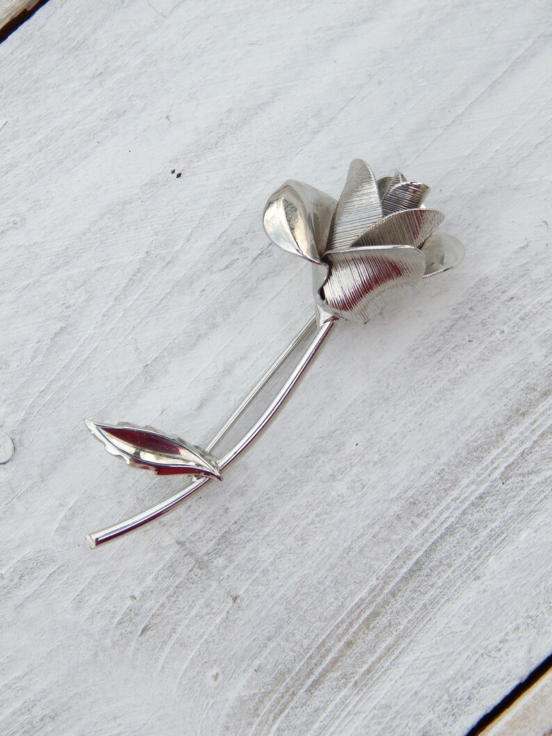 Single Rose Pin Silver Rose Pin, Flower Pin Silver Tone, Whimsical Flower Brooch ...