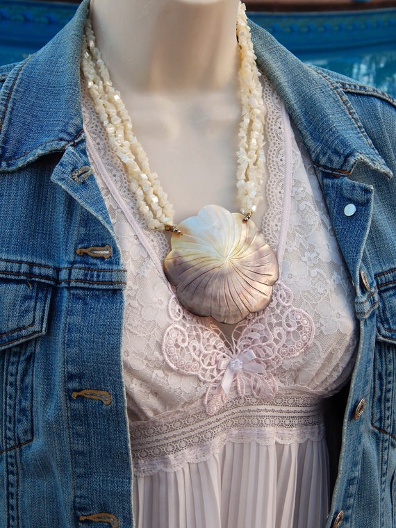 Shell Flower Necklace, Huge Carved Mother of Pear… - image 1