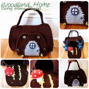 May include: A brown crocheted bag shaped like a house with a gray door and a green roof. The bag has a handle and is open to reveal a small red mushroom and two blue bunny toys inside. The bag is labeled "Woodland Home Carry Along Playset".