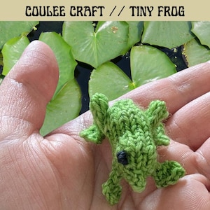 Op de afbeelding: Een kleine, gebreide groene kikker met zwarte ogen ligt in een hand. De kikker is gemaakt van getextureerd garen, en de achtergrond toont waterlelies. De tekst "COULEE CRAFT // TINY FROG" is zichtbaar.