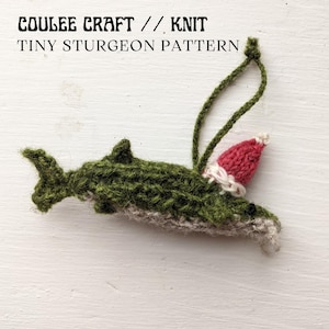 Può includere: Un ornamento a forma di storione lavorato a maglia verde con un cappello di Babbo Natale rosso e bianco. L'ornamento ha un anello per appenderlo e il testo "Coulee Craft // Knit Tiny Sturgeon Pattern" è visibile nella parte superiore dell'immagine.