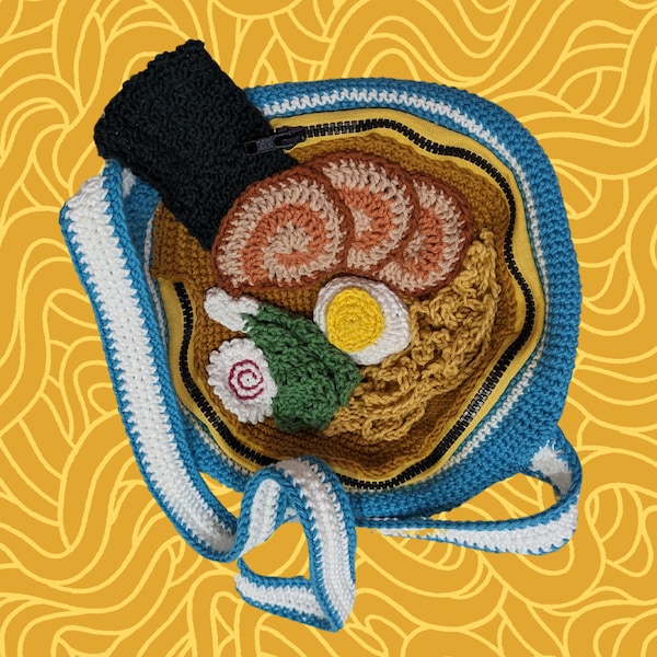 Ramen Bowl Purse Crochet PDF pattern noodles noodle soup shoyu ramens novelty bag kawaii tote handbag Japanese food Japan foodie aesthetic