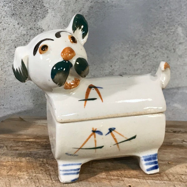 Vintage Porcelain Knick Knack - Cigarette Holder / Hand Painted Dog