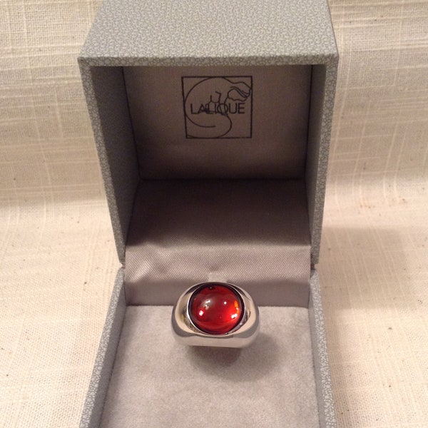 Lalique Sterling Silver Red Glass Ring with Original Box - Gift for her - Cocktail Ring - Statement Ring - Christmas Gift