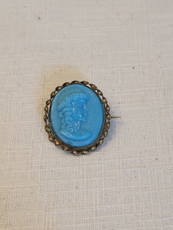 Antique Victorian Blue Glass Cameo Brooch