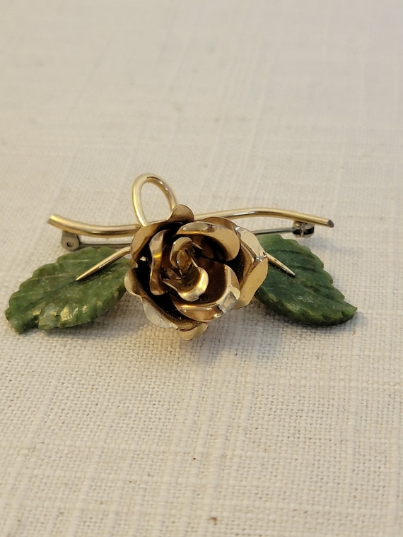 Krementz Gold Filled Rose Brooch with Green Stone… - image 2