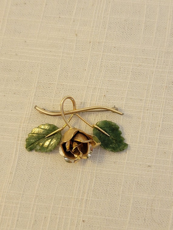 Krementz Gold Filled Rose Brooch with Green Stone… - image 1