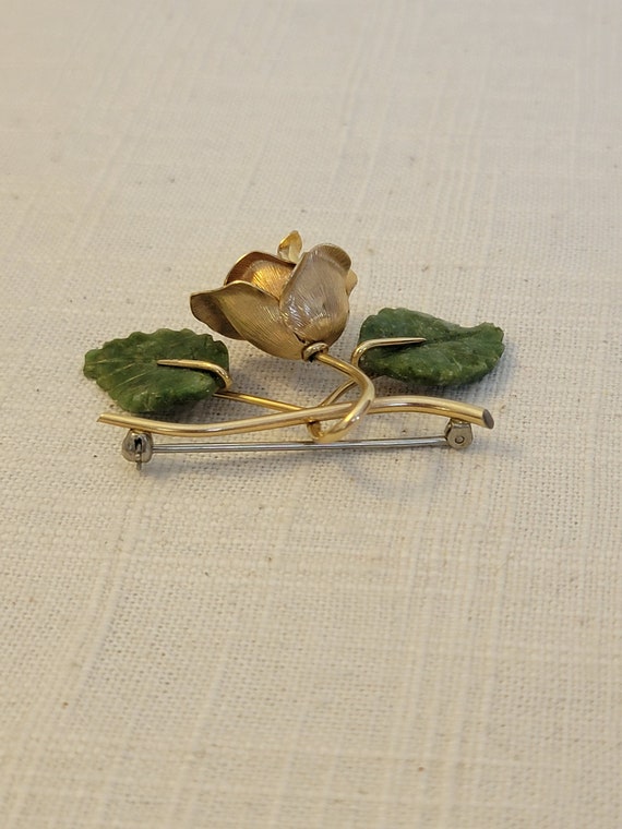 Krementz Gold Filled Rose Brooch with Green Stone… - image 4