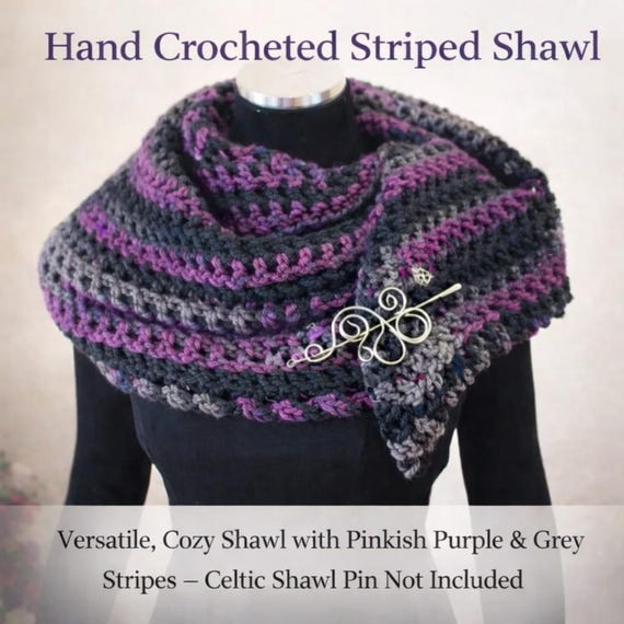 Hand Crocheted Striped Shawl Wrap, Pinkish-Purple Gray & Black