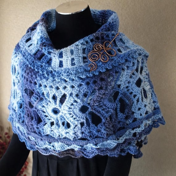 Hand Crochet Ombre Shawl – Blue Lace Shoulder Wrap