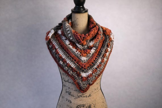 Handmade Crochet Triangle Shawl, Rust Burgundy Boho Scarf