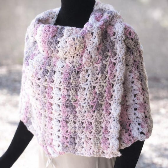 Handmade Crochet Poncho Shawl, Pastel Pink Gray White, Lightweight Layer