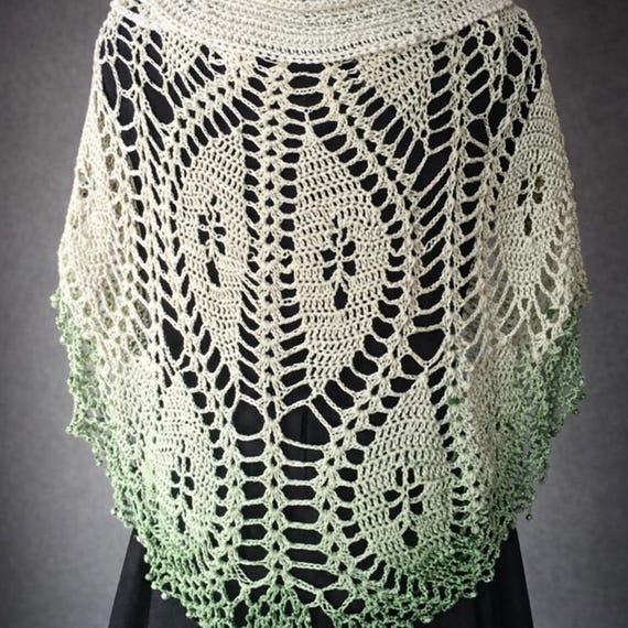 Handmade Crochet Lace Shawl, Green Ombre Bridal Wrap
