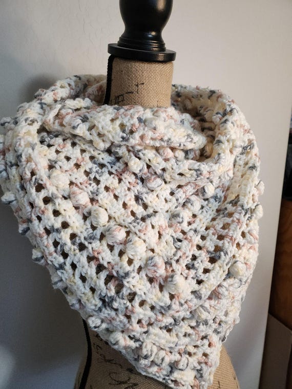 Handmade Chunky Crochet Infinity Scarf, Cream Blush Gray, Winter Neck Wrap