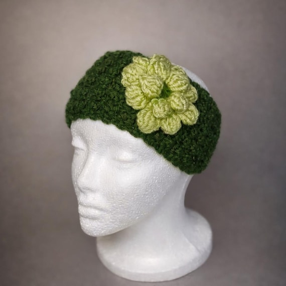 Crochet Ear Warmer Headband | Forest Green with Floral Accent
