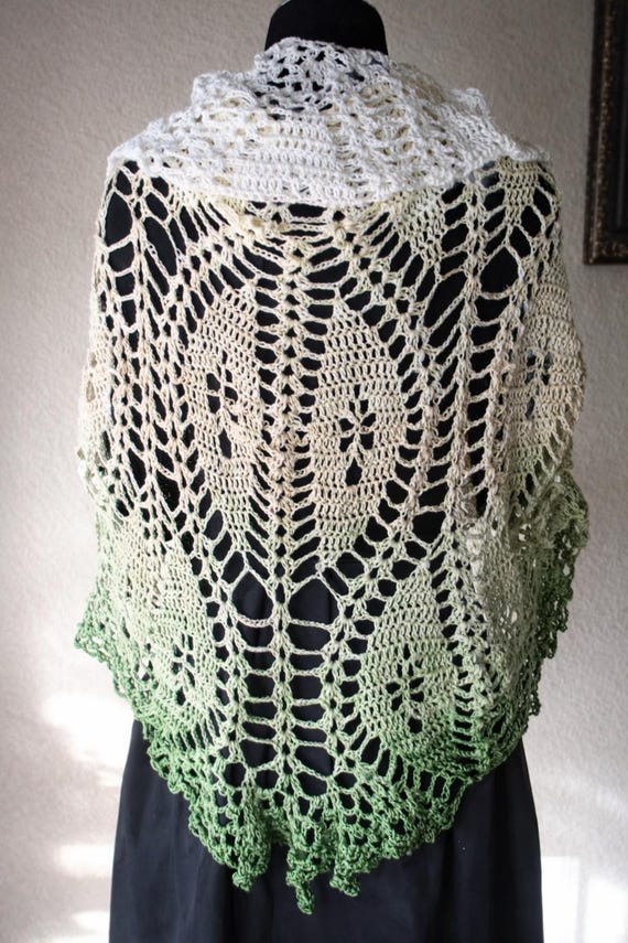 Handmade Crochet Lace Shawl, Green Ombre Bridal Wrap