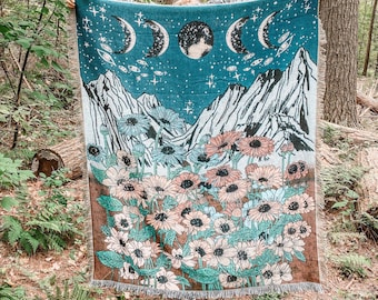 The Zurad Fringe Tapestry, Throw Blanket - Moon Phases, Nightscape, Flowers, Mountains