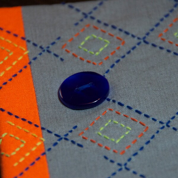 French Press Cozy - Sashiko Embroidered, Grey and Orange Concentric Diamonds