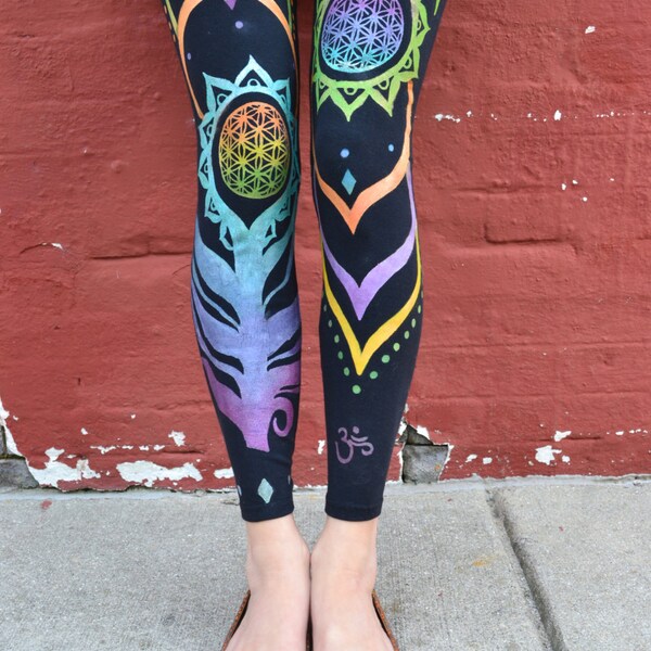 Handmade|Flower of Life Leggings|Organic|Original Design| Ankle Length|Yoga Art| Tights