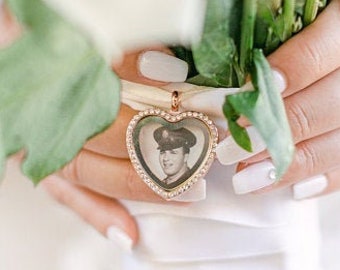 DIY Silver, Gold or Rose Gold Round OR Heart Shape Rhinestone Wedding Bouquet Photo Memory Charm, Bridal Party Gift Keepsake Momento, Charms
