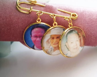 Gold Boutonniere Charm Bridal Lapel Pin Memorial Charm Custom Photo Keepsake Groom | bride bouquet charm | memory photo, Triple Photos