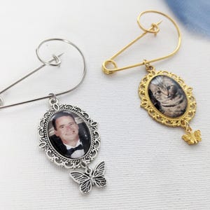 Butterfly Photo Brooch Pin in Silver or Gold -  Wedding Gift Bouquet Photo Memory Charm - Keepsake Pin Pendants Photo Charms | Bridal Gifts
