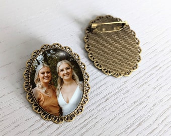 Personalised Boutonniere Charm Lapel Pin Memorial Charm Photo Keepsake Tie Clip Groom Bride | Brooch | Wedding | in Antique Silver or Bronze