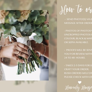 May include: A bouquet of white and green flowers with a charm attached to the stem. The charm has three small photo frames with pictures of people inside. The text "How to order" is written in black on a beige background. The text includes instructions for ordering a custom photo charm bouquet. The text says "Send photo(s) via Etsy message after ordering. Photos of photos work. Uncropped photos ideal. Colour, black & white or sepia available. Proofs will be sent to you for review within 24 to 48 hours. Takes 2-5 days for us to craft your order. Rush orders welcome - please check with us. Heavenly Hangers"