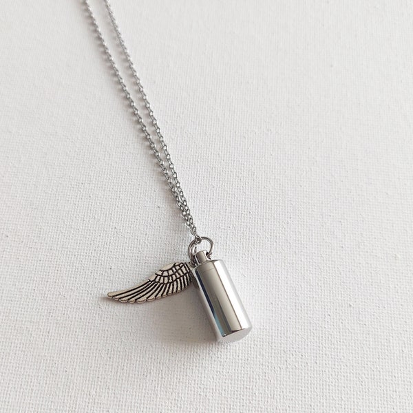 Cylinder Angel Wings Urn Ash Locket | Cremation Pendant | Cremation Jewelry for Human and Pet Ashes | Keepsake Urns | Bouquet Charm | Dog