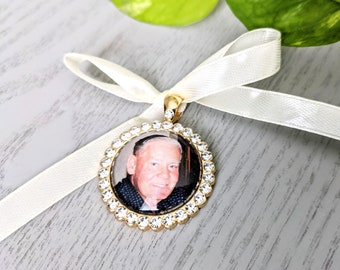 Gold Wedding Bouquet Photo Memory Round Rhinestones Charm | Bridal Party Gift Keepsake Momento with rhinestones| Bridal Charm | Memorial