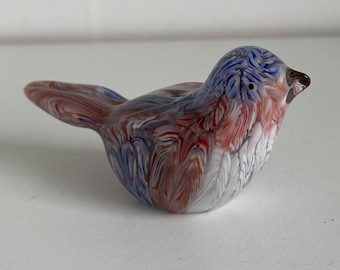 Vintage Art Glass Bird Figurine - Vintage Blue, White & Red Caned Art Glass Bird Paperweight