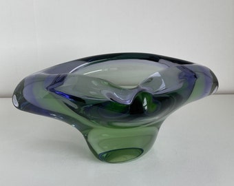 Jan Beránek Skrdlovice Glass Ashtray - Green & Purple Czech Glass - Murano Sommerso Style Sculpture Bowl