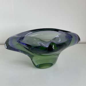 Jan Beránek Skrdlovice Glass Ashtray - Green & Purple Czech Glass - Murano Sommerso Style Sculpture Bowl