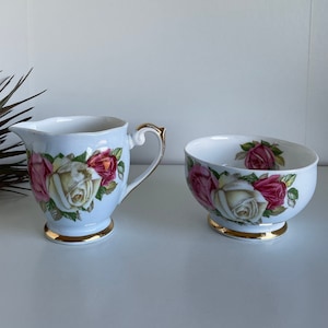 Rose Cream & Sugar English Bone China - Vintage Queen Anne Light Blue Creamer and Sugar Bowl