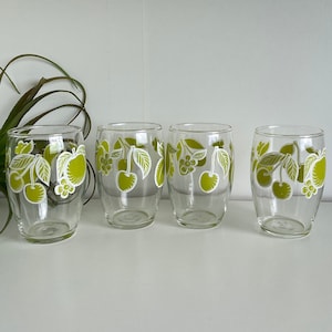 Ensemble de 4 verres à boire de fruits rétro - Green Fruit Dominion Glass Juice Glass Glass - Cherry Apple & Floral Lime Green Pattern