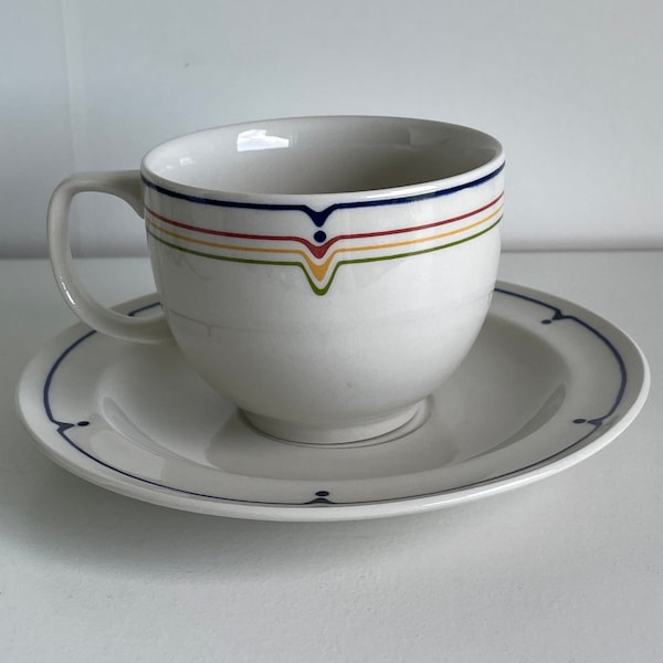 Vintage Adams 'Jazz' Teacup & Saucer Set  - Real English Ironstone Micratex Rainbow Lines Geometric Flat Cup With Saucer 1980s