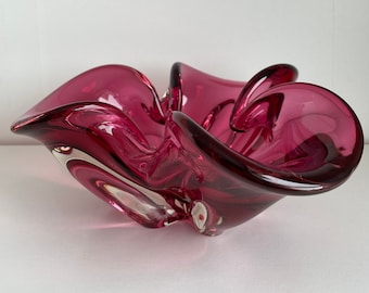 Mid Century Art Glass Bowl - Vintage Cranberry Red Murano Style Art Glass Freeform Vase