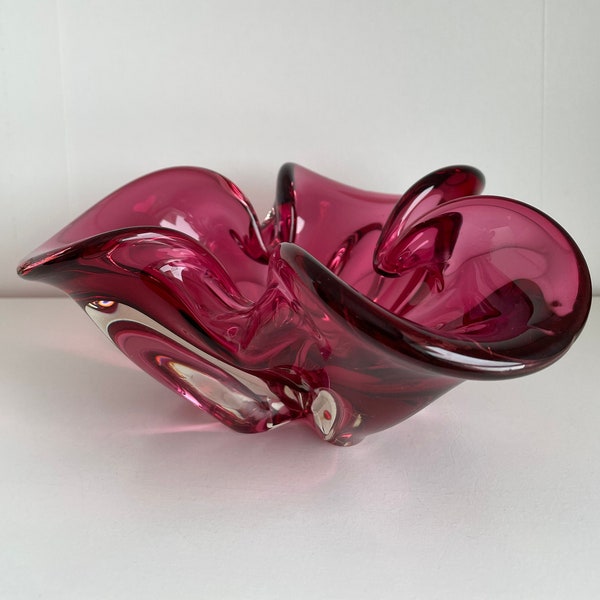 Mid Century Art Glass Bowl - Vintage Cranberry Red Murano Style Art Glass Freeform Vase