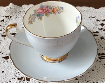 Royal Grafton Blue Floral Teacup & Saucer - Vintage Baby Blue Teacup with Pink Floral Inside