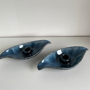 Blue Mountain Pottery Candle Holders Set of Two - Pair of Taper Candlestick Holders Rare Dark Blue Glaze