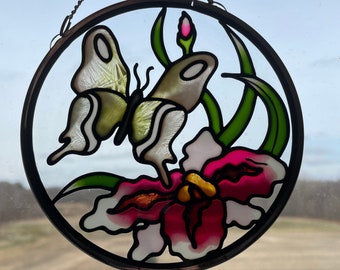 Butterfly & Flowers Round Suncatcher - Vintage Hand Painted Glass Window Art