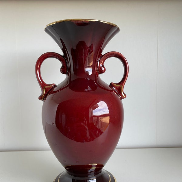 Bay Ceramic Handled Vase Dark Red & Gold. Vintage 1960s Mid Century Keramik Modern Art. West Germany Pottery Deep Red Burgundy Crimson Vase