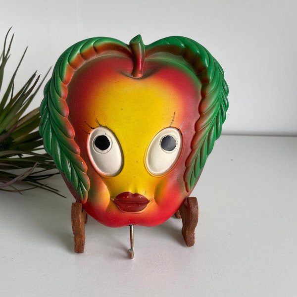 Vintage Anthropomorphic Key Holder - Miller Studios 1970 Apple Face Chalkware Wall Plaque