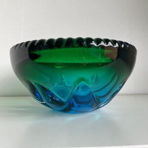 Blue Mid Century Art Glass Bowl - Vintage Blue & Green Fade Murano Summerso Style Art Glass Bowl