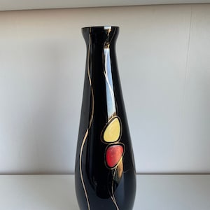 Black Art Glass Vase - Vintage Mid Century  Hand Painted Black Art Glass Vase 1950s - MCM Black & Gold Modern Geometric Pattern
