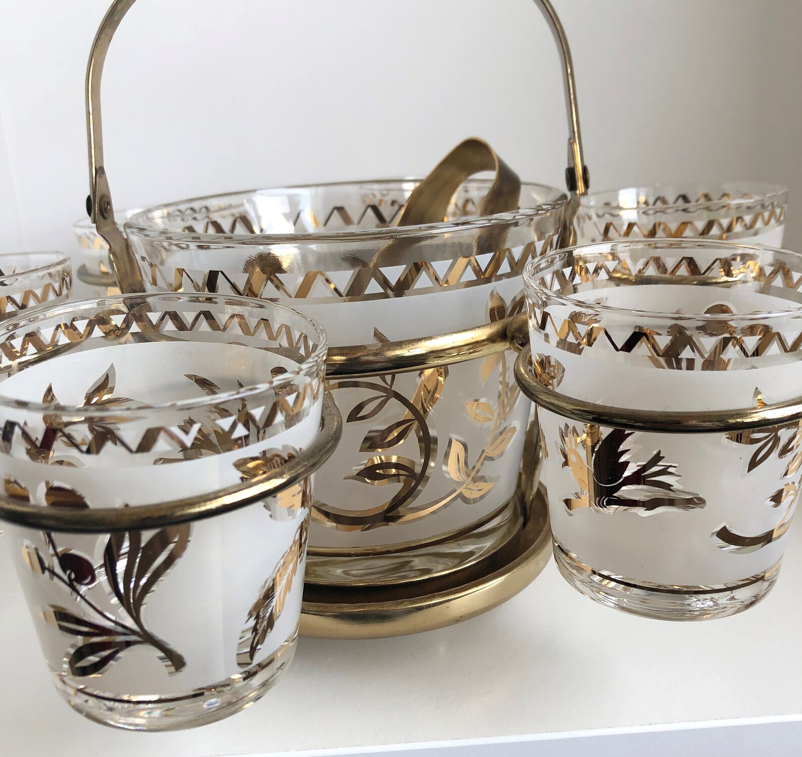 Vintage Ice Bucket & Glasses Caddy Set Gold / Frosted Glass Etsy
