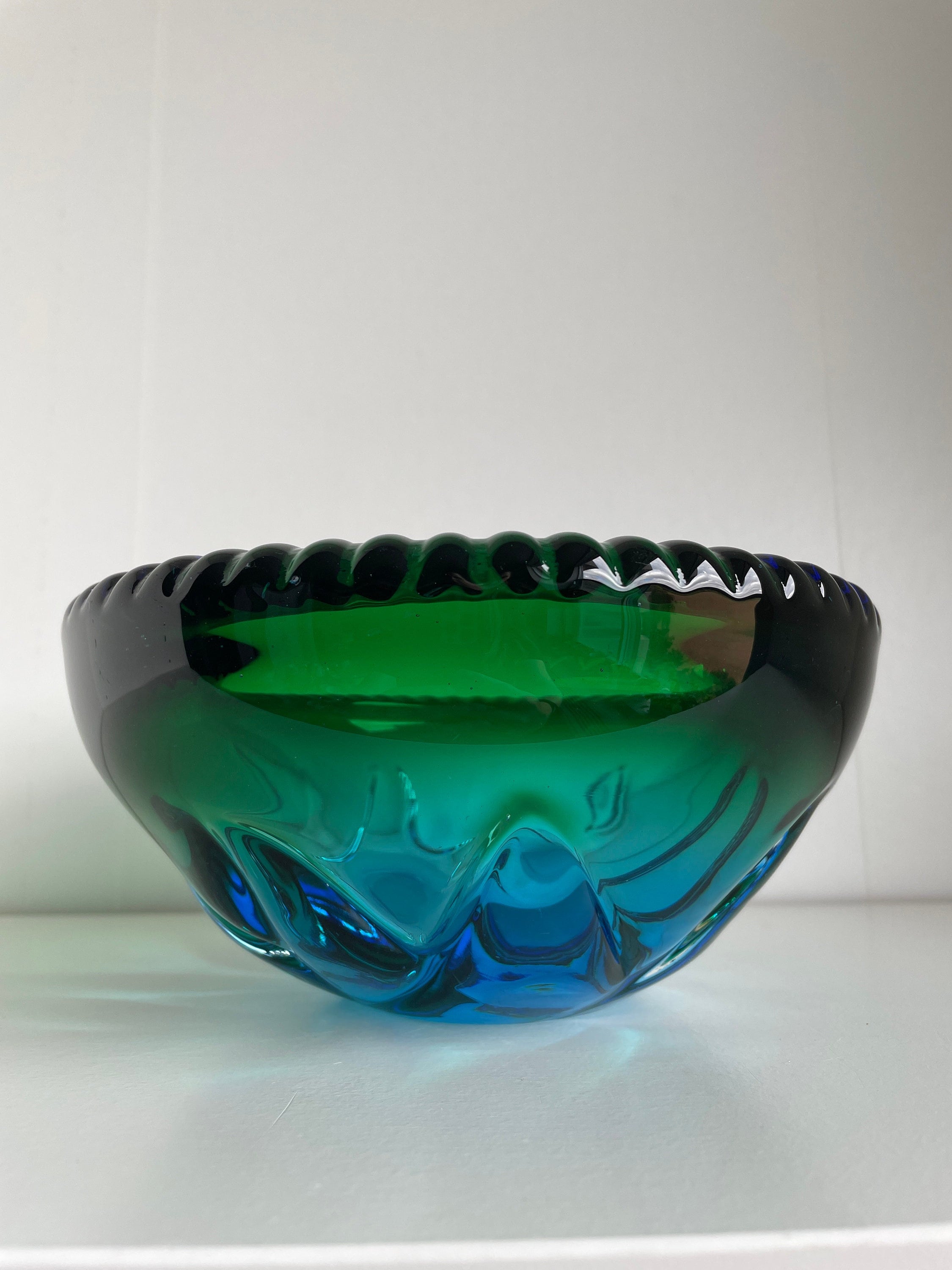 Blue Mid Century Art Glass Bowl - Vintage Blue & Green Fade Blue Mid Century Art Glass Bowl - Vintage Blue & Green Fade
